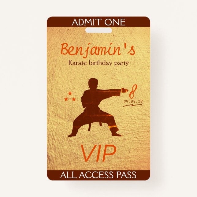 Modern Martial Arts Karate Birthday Party VIP Pass Badge (Front)