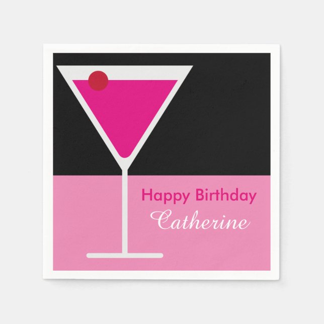 Modern Martini Cocktail Pink Black Custom Birthday Paper Napkins (Front)
