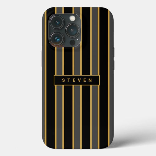 Modern Masculine Black Gold Stripes Personalized iPhone 13 Pro Case