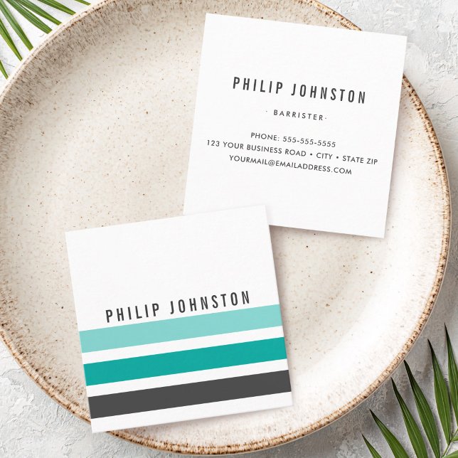 Modern masculine gray teal aqua blue stripes white square business card (Modern masculine gray teal aqua blue stripes white square business card)