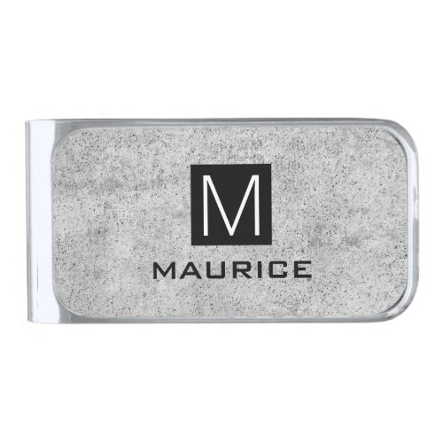 Modern masculine monogram black square concrete silver finish money clip