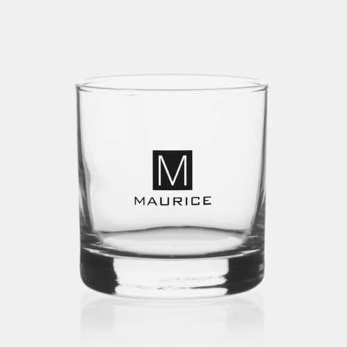 Modern masculine monogram black square whiskey glass