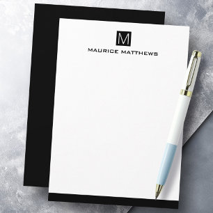 Modern masculine monogram name black square flat note card