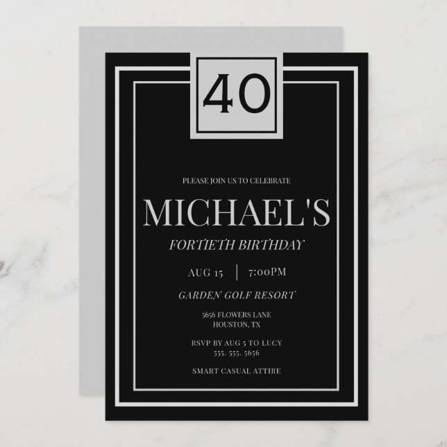 Modern Masculine Silver & Black 40th Birthday Invitation (Front/Back)