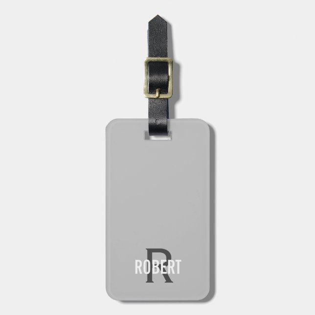 Modern masculine white grey monogram name  luggage tag (Front Vertical)