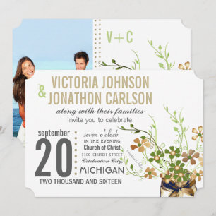 Modern Mason Jar Bronze and Green Floral Wedding Invitation