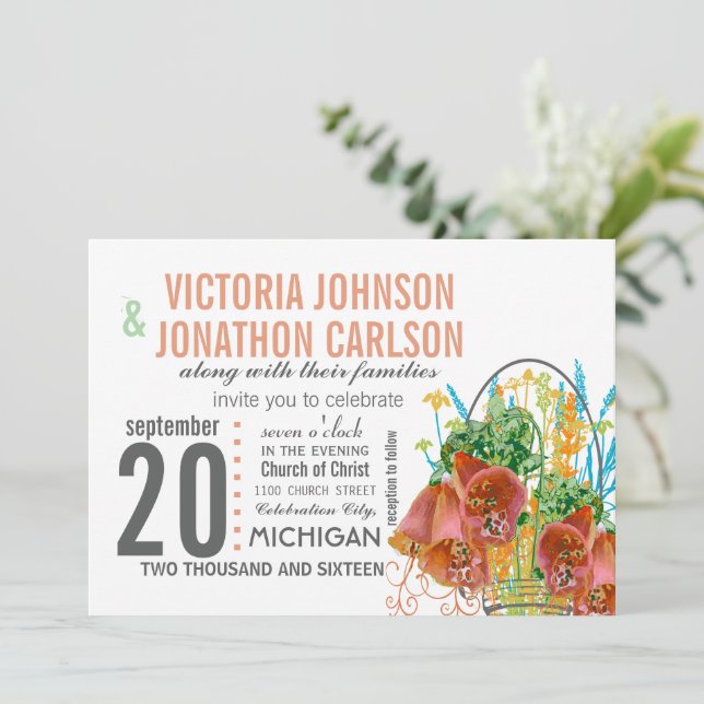Modern Mason Jar Coral and Mint Floral Wedding Invitation (Standing Front)