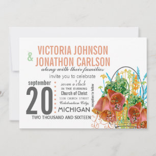 Modern Mason Jar Coral and Mint Floral Wedding Invitation