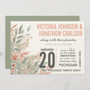 Modern Mason Jar Coral and Mint Floral Wedding Invitation