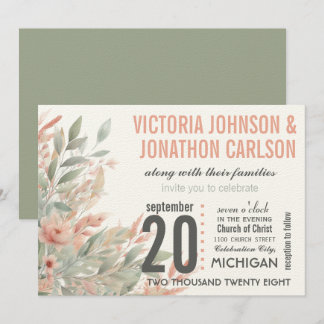 Modern Mason Jar Coral and Mint Floral Wedding Invitation