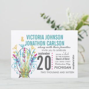 Modern Mason Jar Coral Yellow Lime Floral Wedding Invitation