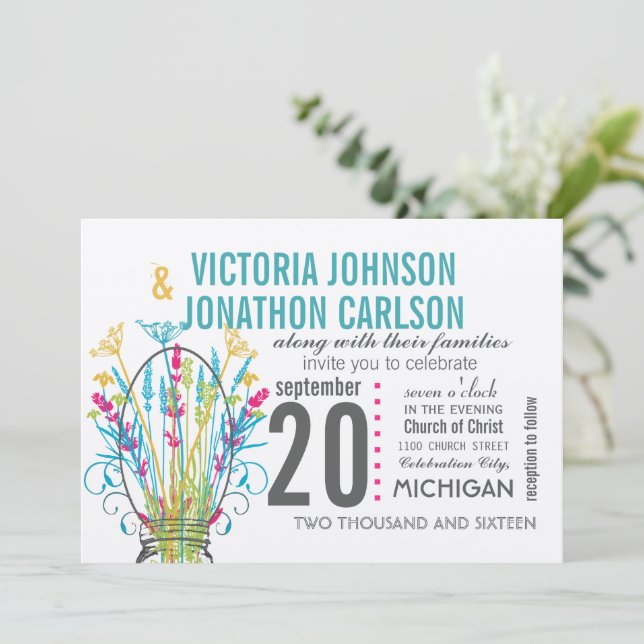 Modern Mason Jar Coral Yellow Lime Floral Wedding Invitation (Standing Front)