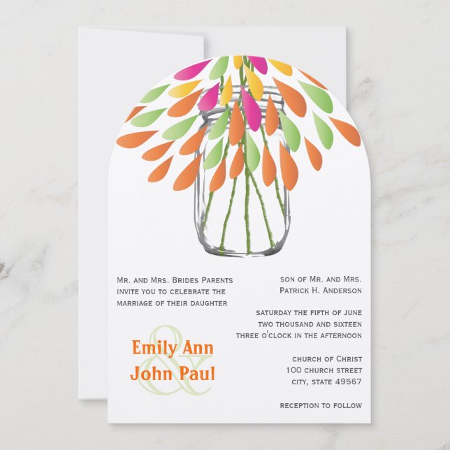 Modern Mason Jar Pink and Orange Floral Wedding Invitation (Front)
