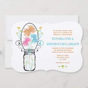 Modern Mason Jar Pink Orange Lime Floral Wedding Invitation