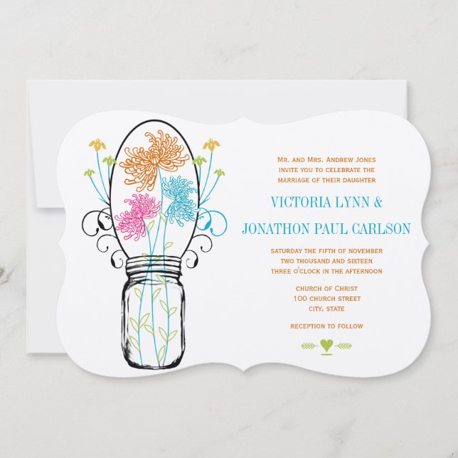 Modern Mason Jar Pink Orange Lime Floral Wedding Invitation (Front)