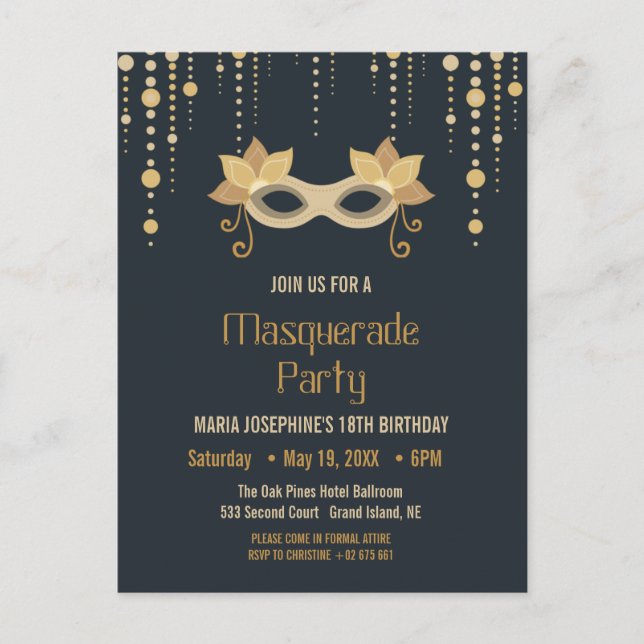 Modern Masquerade birthday Party Invitation Postcard (Front)