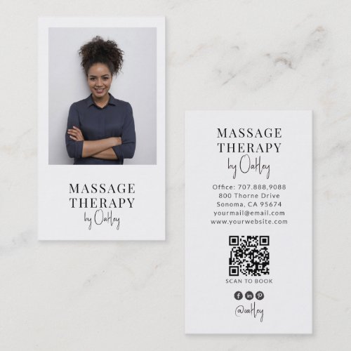 Modern Massage Photo QR Code Therapist Light Gray Business Card