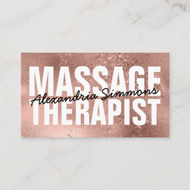 Modern Massage Therapist Rose Gold Glitter Sparkle Business Card (Front)