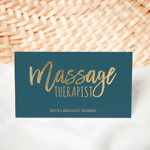 Modern massage therapist script chic gold blue business card