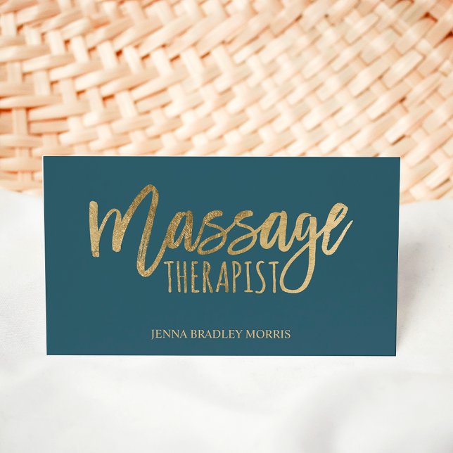 Modern massage therapist script chic gold blue business card (Modern massage therapist script chic gold blue business card)