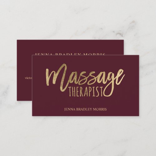 Modern massage therapist script chic gold foil business card