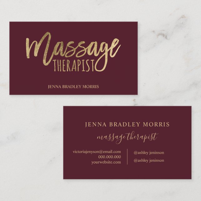 Modern massage therapist script chic gold foil business card (Front/Back)