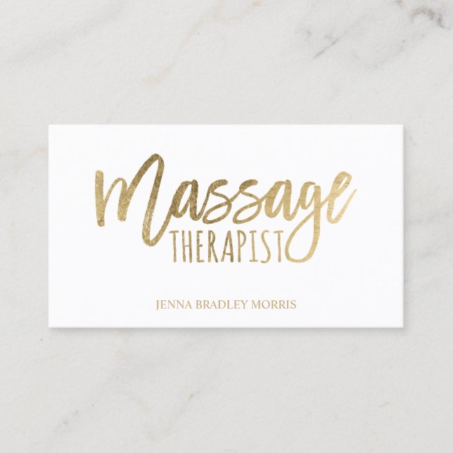 Modern massage therapist script gold foil white business card (Front)
