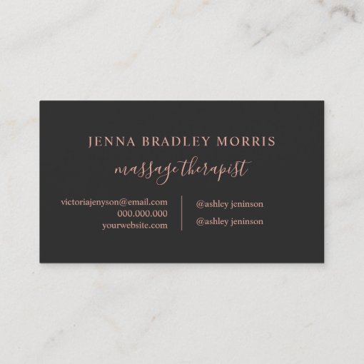 Modern massage therapist script rose gold foil business card | Zazzle