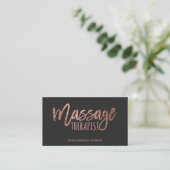 Modern massage therapist script rose gold foil business card (Standing Front)
