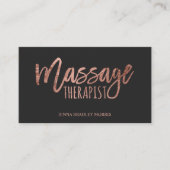 Modern massage therapist script rose gold foil business card (Front)