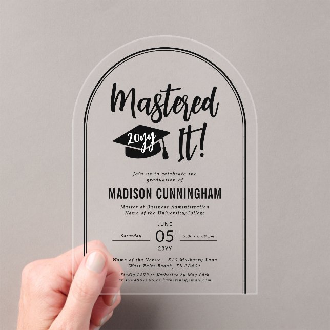 Modern Mastered It Master's Degree Graduation  Acrylic Invitations (Insitu (Handheld))