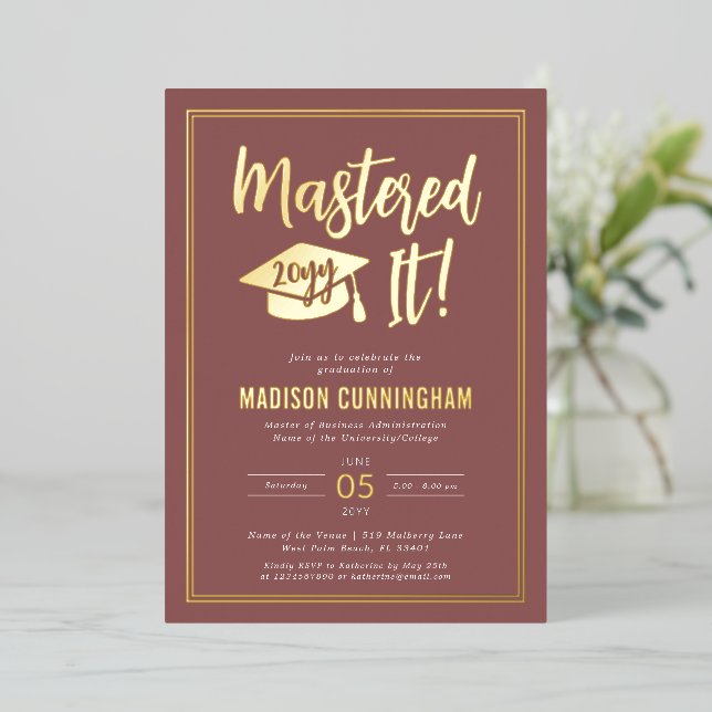 Modern Mastered It Master's Degree Graduation  Foil Invitation (Standing Front)