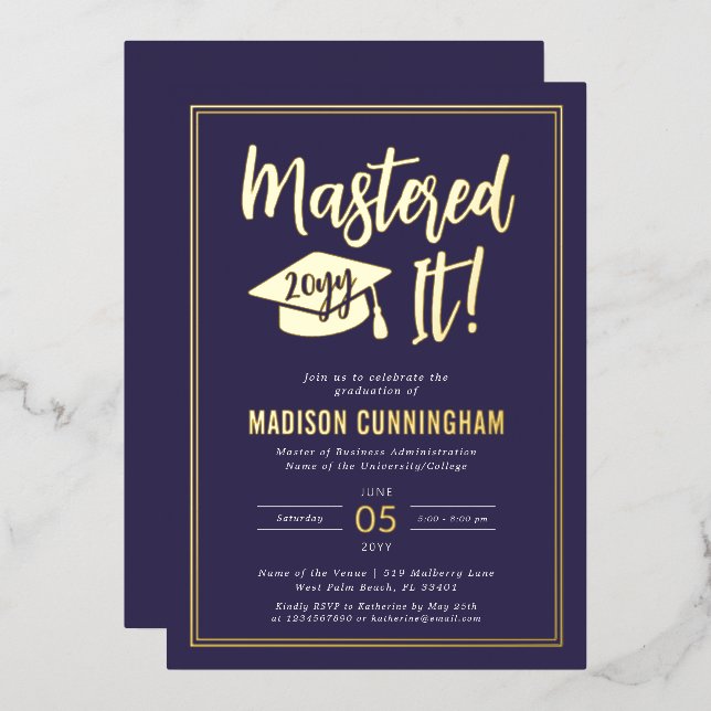 Modern Mastered It Master's Degree Graduation  Foil Invitation (Front/Back)