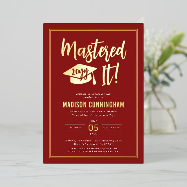 Modern Mastered It Master's Degree Graduation  Foil Invitation (Standing Front)