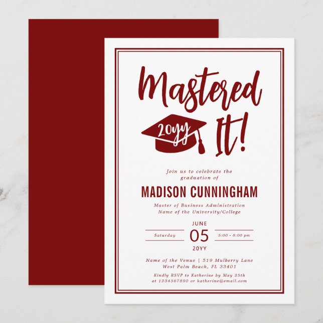 Modern Mastered It Master's Degree Graduation  Inv Invitation (Front/Back)