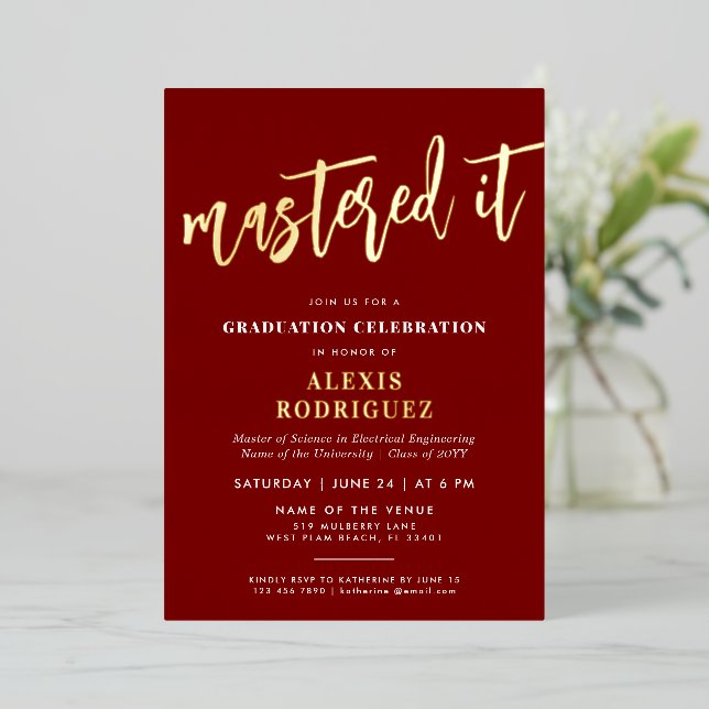 Modern Master's Degree Graduation Mastered it Foil Invitation (Standing Front)