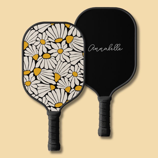 Modern Matisse inspired floral Pickleball Paddle (Retro black and yellow boho floral pickleball paddle. Customise with your own name or initials. )