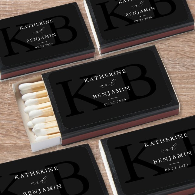 Modern Matte Black Minimalist Monogram Wedding Matchboxes (Creator Uploaded)