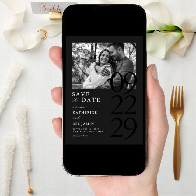Modern Matte Black Minimalist Photo Wedding Save The Date (Front Digital)