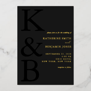 Modern Matte Black Monogram Minimalist Wedding Foil Invitation