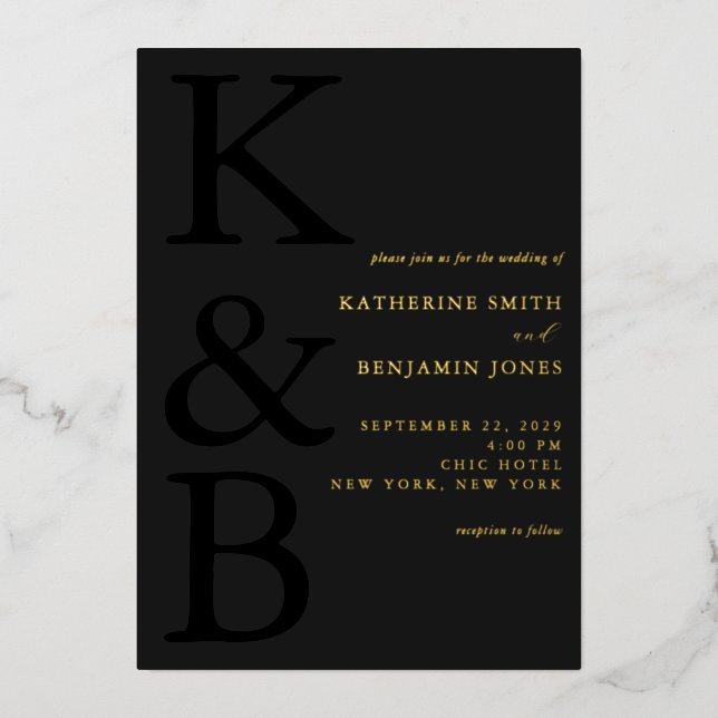 Modern Matte Black Monogram Minimalist Wedding Foil Invitation (Front)