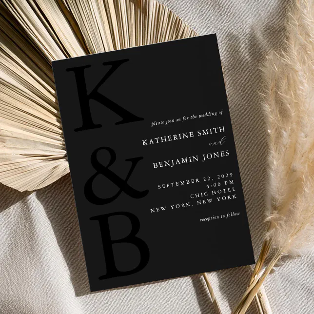 Modern Matte Black Monogram Minimalist Wedding Invitation
