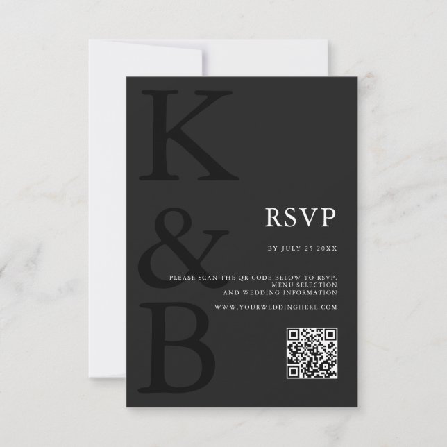 Modern Matte Black Monogram Minimalist Wedding RSVP Card (Front)