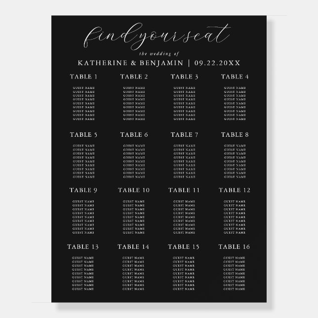 Modern Matte Black Wedding Seating Chart Foam Board (Front)
