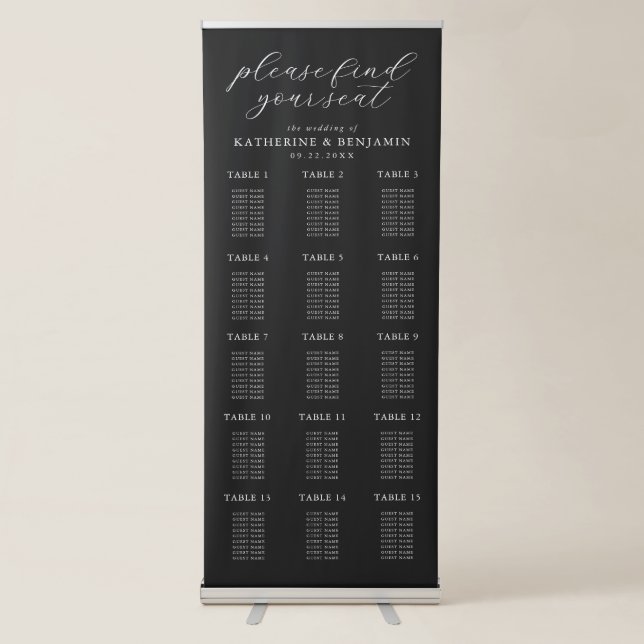 Modern Matte Black Wedding Seating Chart Retractable Banner (Front)