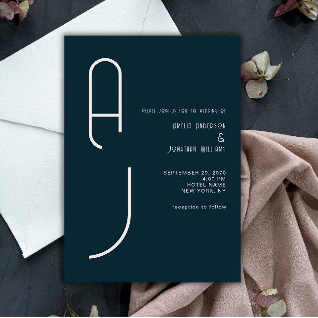 Modern Matte Monogram Minimal Wedding Navy Blue Invitation (Creator Uploaded)