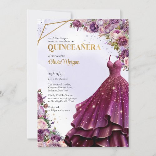 Modern mauve and gold floral formal long dress invitation