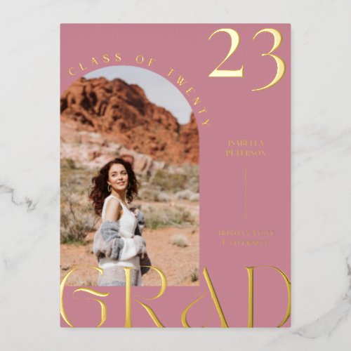 Modern Mauve Boho Chic Arch Frame Graduation Photo Foil Holiday Postcard