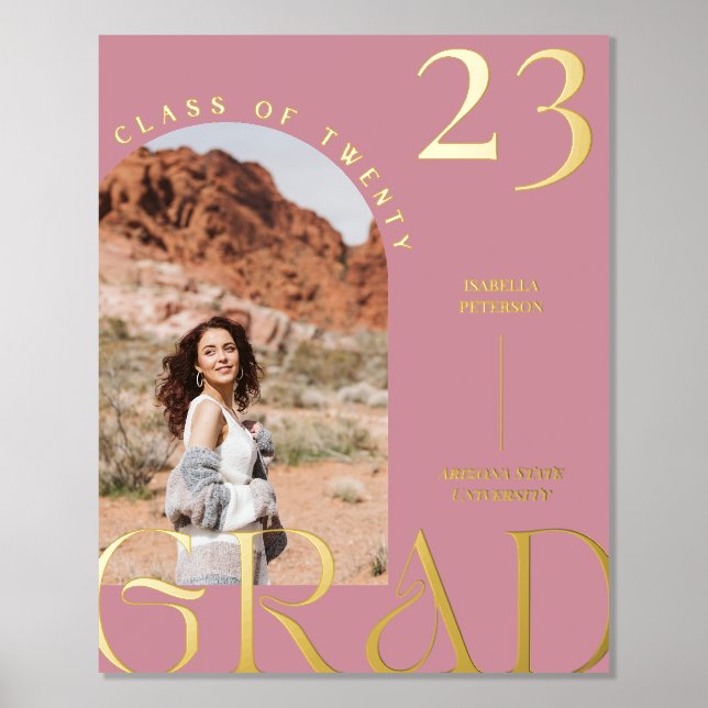 Modern Mauve Boho Chic Arch Frame Graduation Photo Foil Prints (Front)