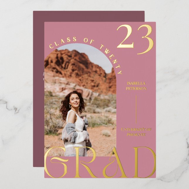 Modern Mauve Boho Chic Graduation Photo Foil Invitation (Front/Back)
